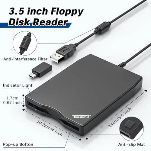 Tendak 3.5 inch USB Floppy Disk Drive Reader | Reads 1.44MB Discs thumbnail 4