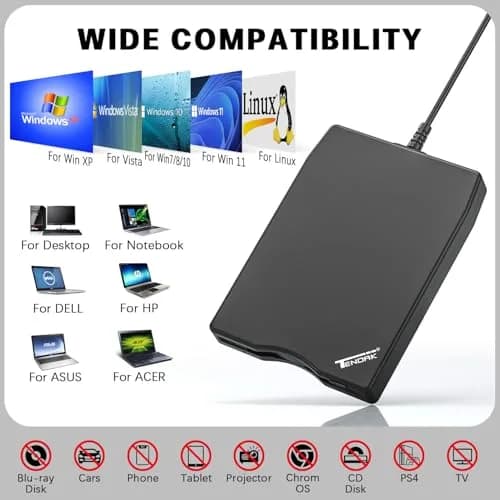 Tendak 3.5 inch USB Floppy Disk Drive Reader | Reads 1.44MB Discs thumbnail 3