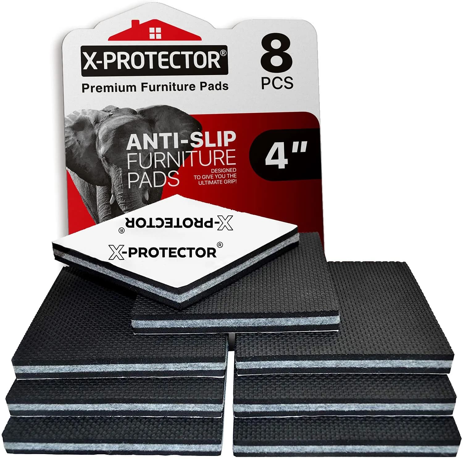 X-Protector Non Slip Furniture Pads 4 Inch Square (8 Pack) | Premium Furniture Grippers for Hardwood, Laminate, Tile Floors - main product image