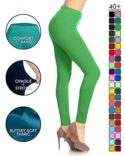 Leggings Depot Womens 1" Waistband High Waisted Solid Leggings Pants (Full Length, Kelly Green, One Size) | Soft, Stretchy, Comfortable Fit thumbnail 3