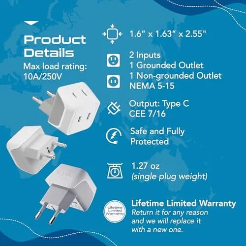 Ceptics European Travel Plug Adapter - Type C, Dual Input, Compact (3 Pack) | Compatible in most European countries thumbnail 4