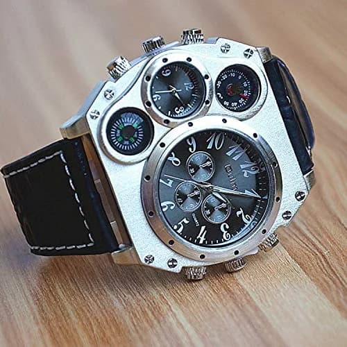 Avaner Men's Black Dual Time Zone Watch 58mm Oversized Analog Quartz with Black Leather Strap - view 4