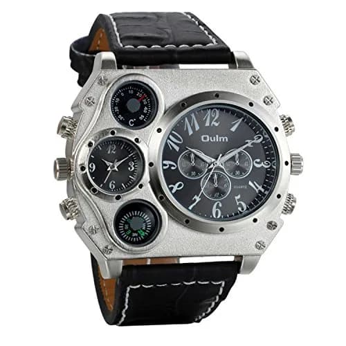 Avaner Men's Black Dual Time Zone Watch 58mm Oversized Analog Quartz with Black Leather Strap - main product image