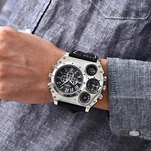 Avaner Men's Black Dual Time Zone Watch 58mm Oversized Analog Quartz with Black Leather Strap - view 2