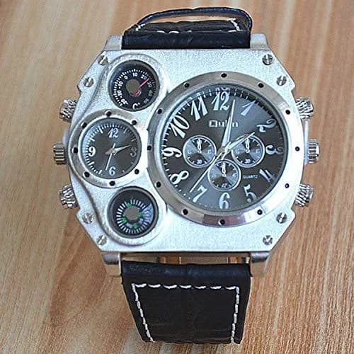 Avaner Men's Black Dual Time Zone Watch 58mm Oversized Analog Quartz with Black Leather Strap - view 3