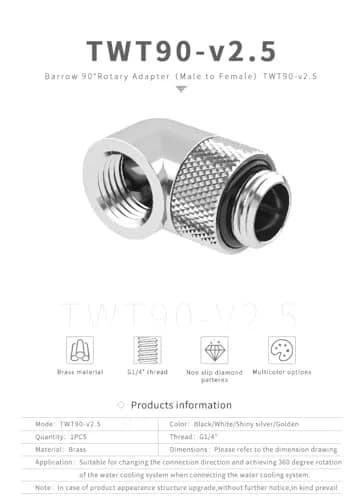 Barrow G1/4" Male to Female 90 Degree Rotary Extender Fitting Silver 4-Pack | Brass Construction for PC Water Cooling thumbnail 2