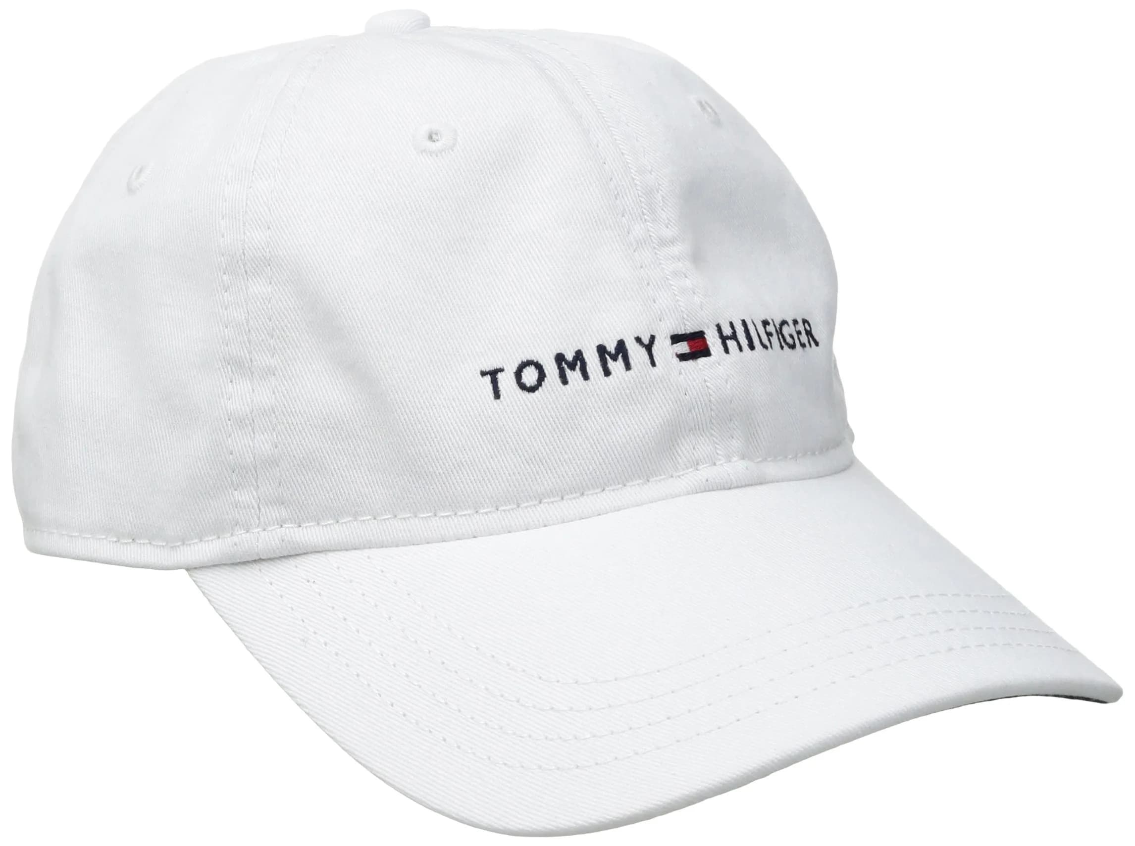 Tommy Hilfiger Men's Logo Dad Baseball Cap, Pine Grove, 100% Cotton | Adjustable Fit for Everyday Wear — White / One Size