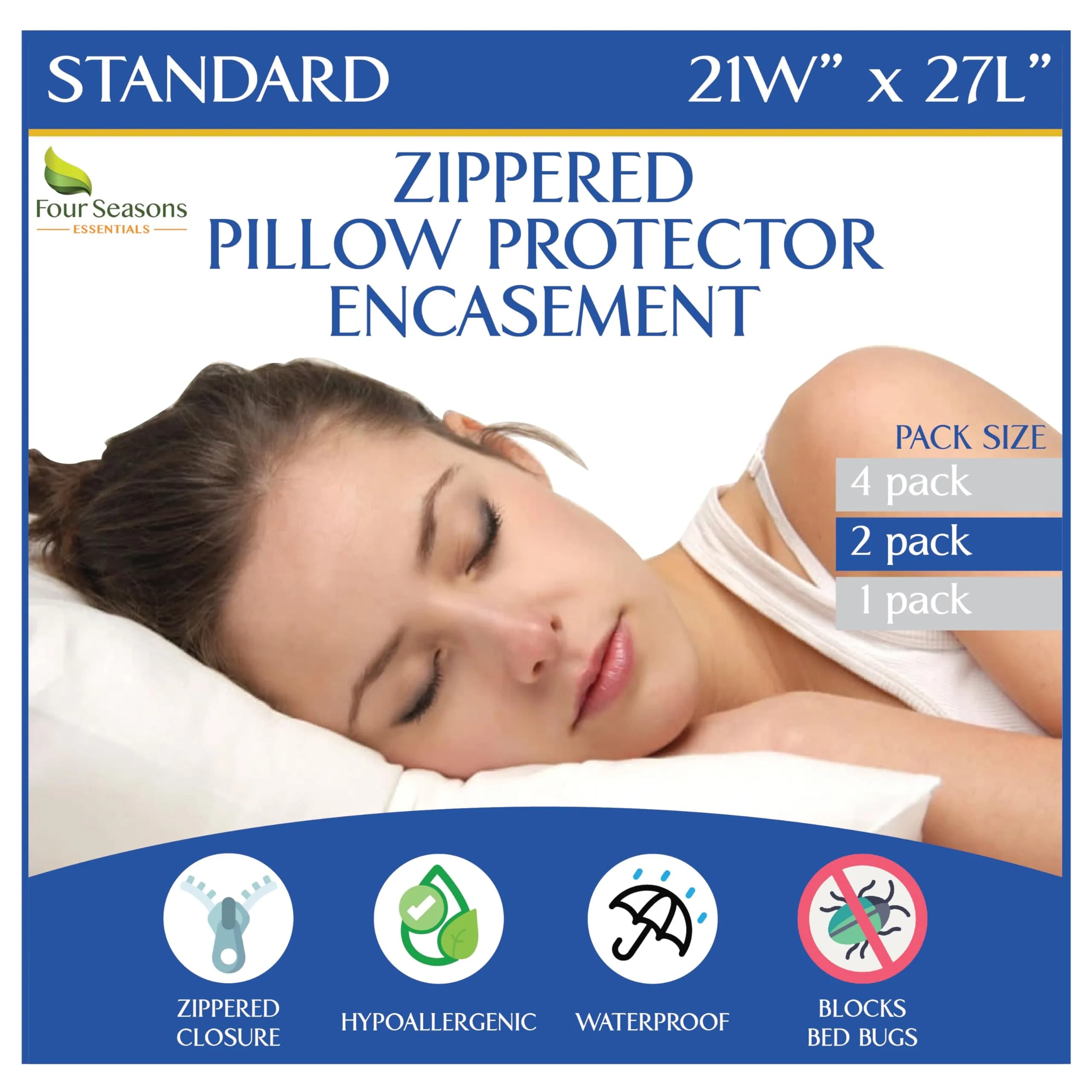 Four Seasons Essentials Standard Pillow Protectors (Set of 2) 53cm x 69cm | Hypoallergenic Waterproof Zippered Pillow Covers