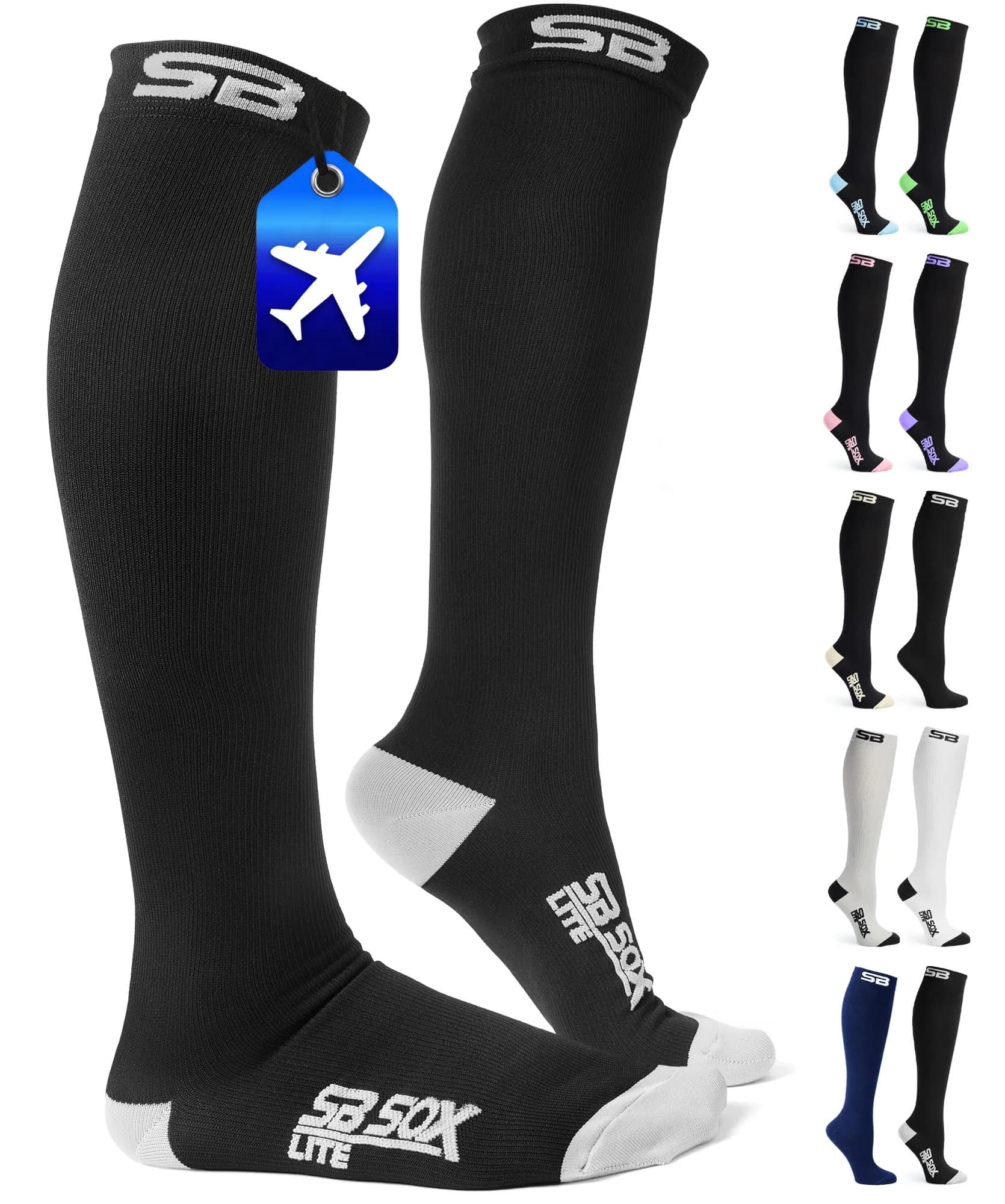 SB SOX Lite Compression Socks for Flying, 15-20mmHg (Black/Gray, L/XL) | Support for Long Flights & Travel — Black/Gray