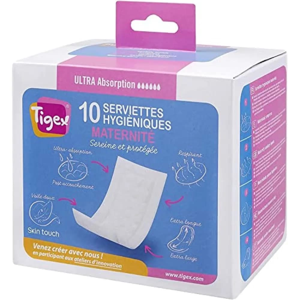 Tigex Maternity Postpartum Pads 10 Count | Ultra Absorbent Cotton Liners for Heavy Flow - main product image