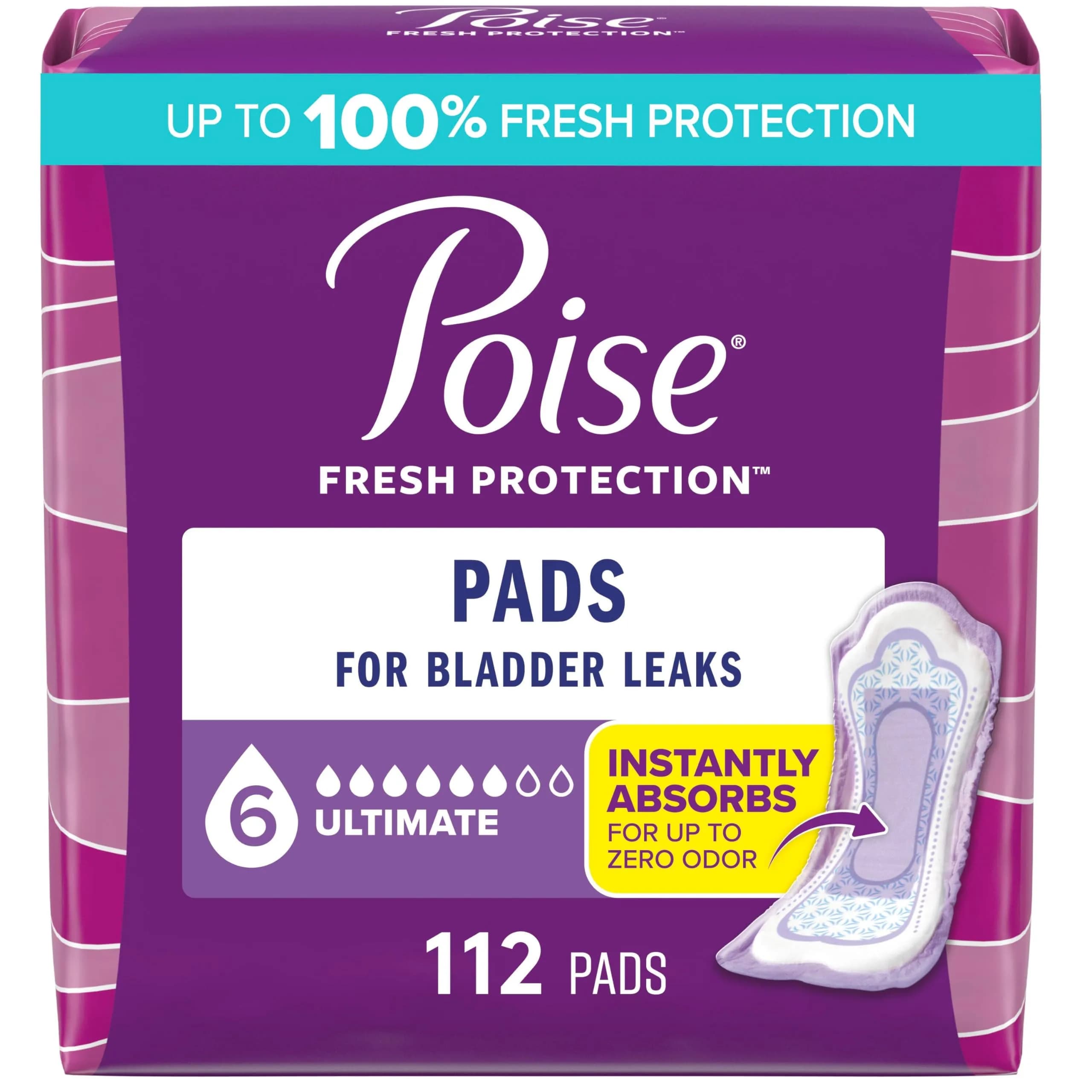 Poise Incontinence & Postpartum Pads for Bladder Leaks, 6 Drop Ultimate Absorbency, Regular Length, 112 Count | Protection for Women - main product image