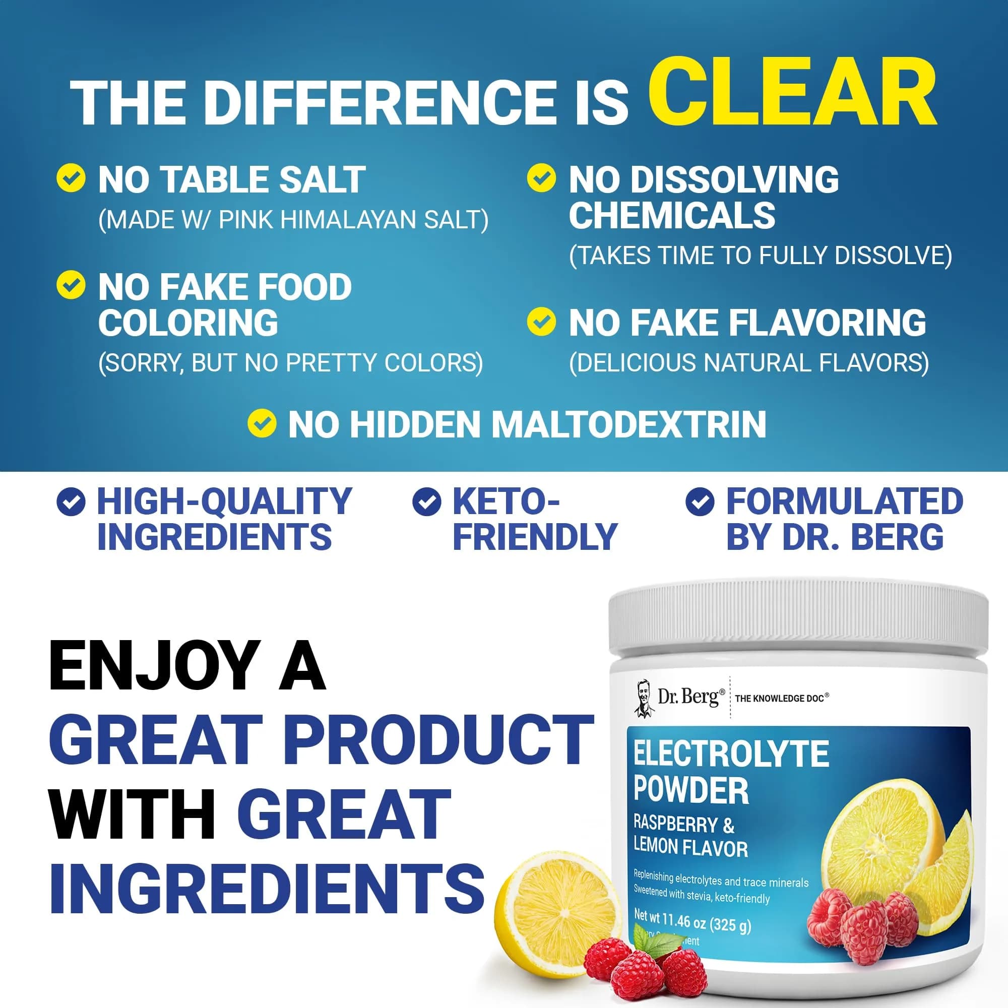 Dr. Berg Nutritionals Raspberry Lemon Keto Electrolyte Powder 330g (11.6 Oz) | 1000mg Potassium, Zero Sugar - view 5