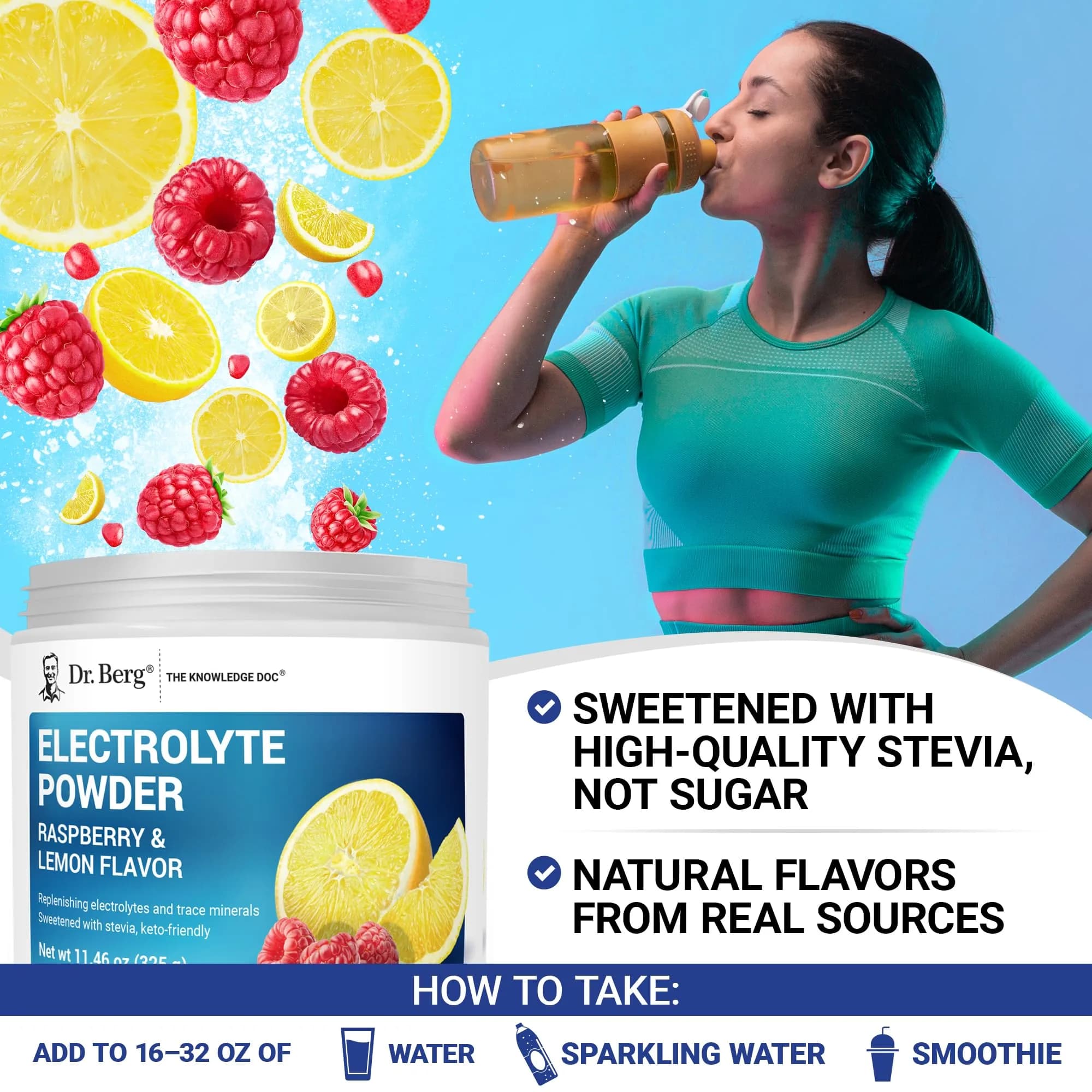 Dr. Berg Nutritionals Raspberry Lemon Keto Electrolyte Powder 330g (11.6 Oz) | 1000mg Potassium, Zero Sugar - view 6