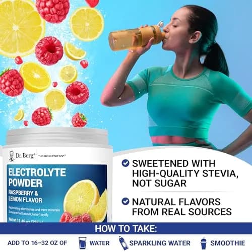 Dr. Berg Nutritionals Raspberry Lemon Keto Electrolyte Powder 330g (11.6 Oz) | 1000mg Potassium, Zero Sugar thumbnail 6
