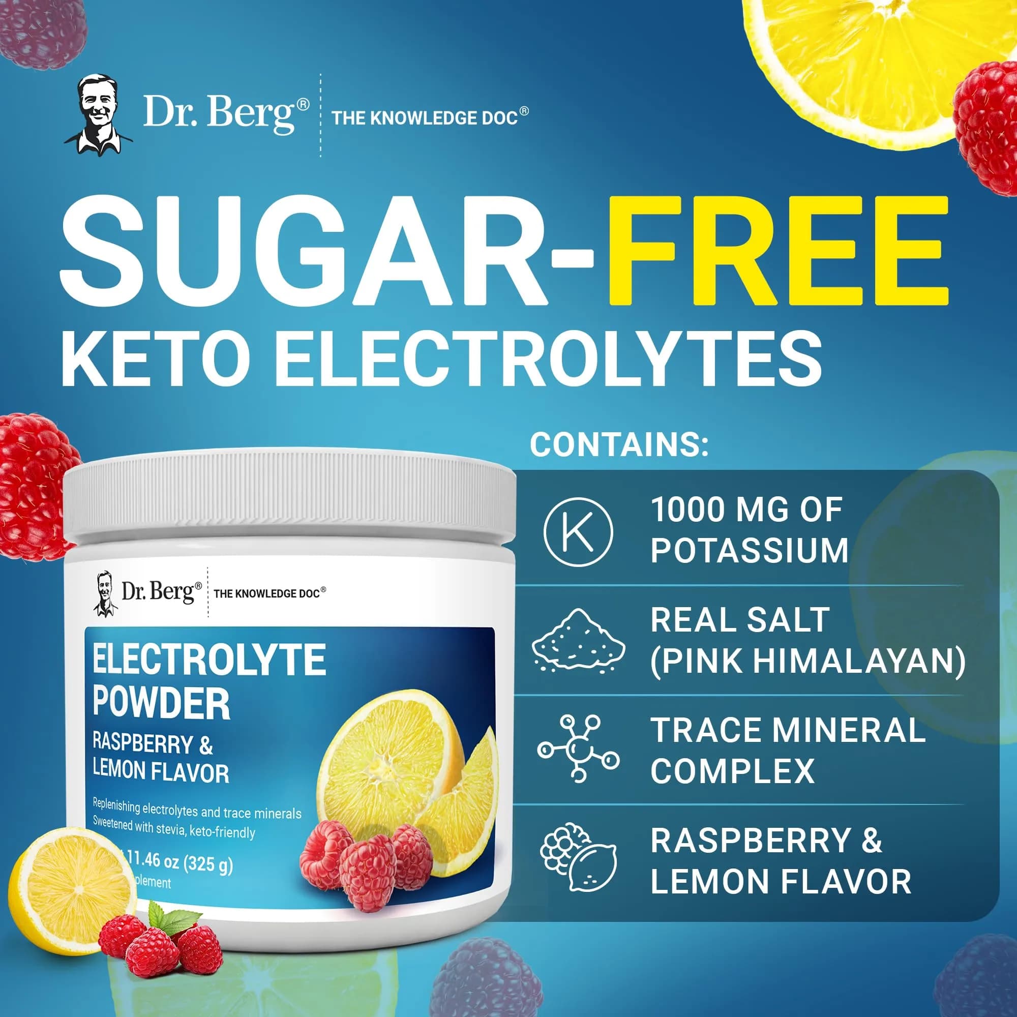 Dr. Berg Nutritionals Raspberry Lemon Keto Electrolyte Powder 330g (11.6 Oz) | 1000mg Potassium, Zero Sugar - view 7
