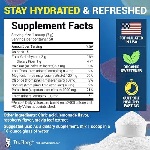 Dr. Berg Nutritionals Raspberry Lemon Keto Electrolyte Powder 330g (11.6 Oz) | 1000mg Potassium, Zero Sugar thumbnail 3