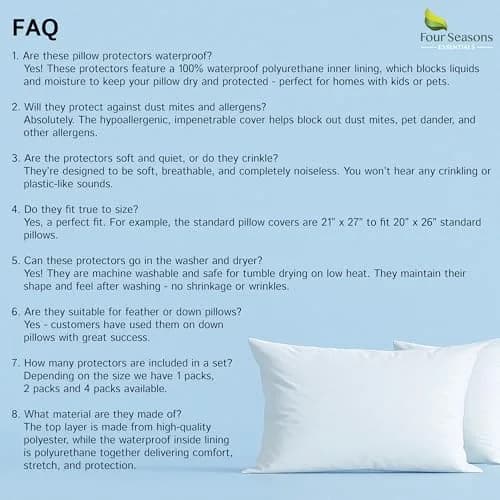 Four Seasons Essentials Queen Size Waterproof Pillow Protectors (Set of 2) 53cm x 79cm | Hypoallergenic Zippered Pillow Encasement thumbnail 9