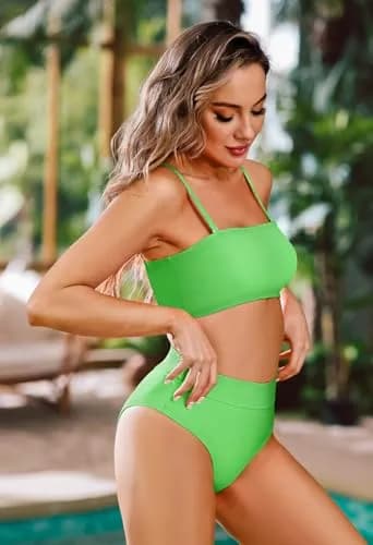 Pink Queen Women'S Removable Strap High Waist Bikini Set Swimsuit Green S | Trendy, Supportive & Durable thumbnail 4