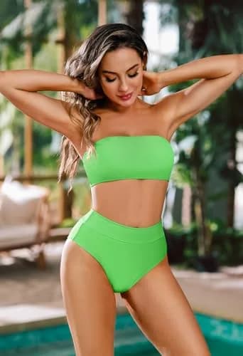 Pink Queen Women'S Removable Strap High Waist Bikini Set Swimsuit Green S | Trendy, Supportive & Durable thumbnail 2