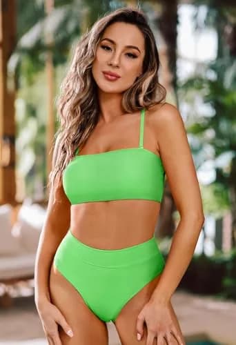 Pink Queen Women'S Removable Strap High Waist Bikini Set Swimsuit Green S | Trendy, Supportive & Durable thumbnail 3