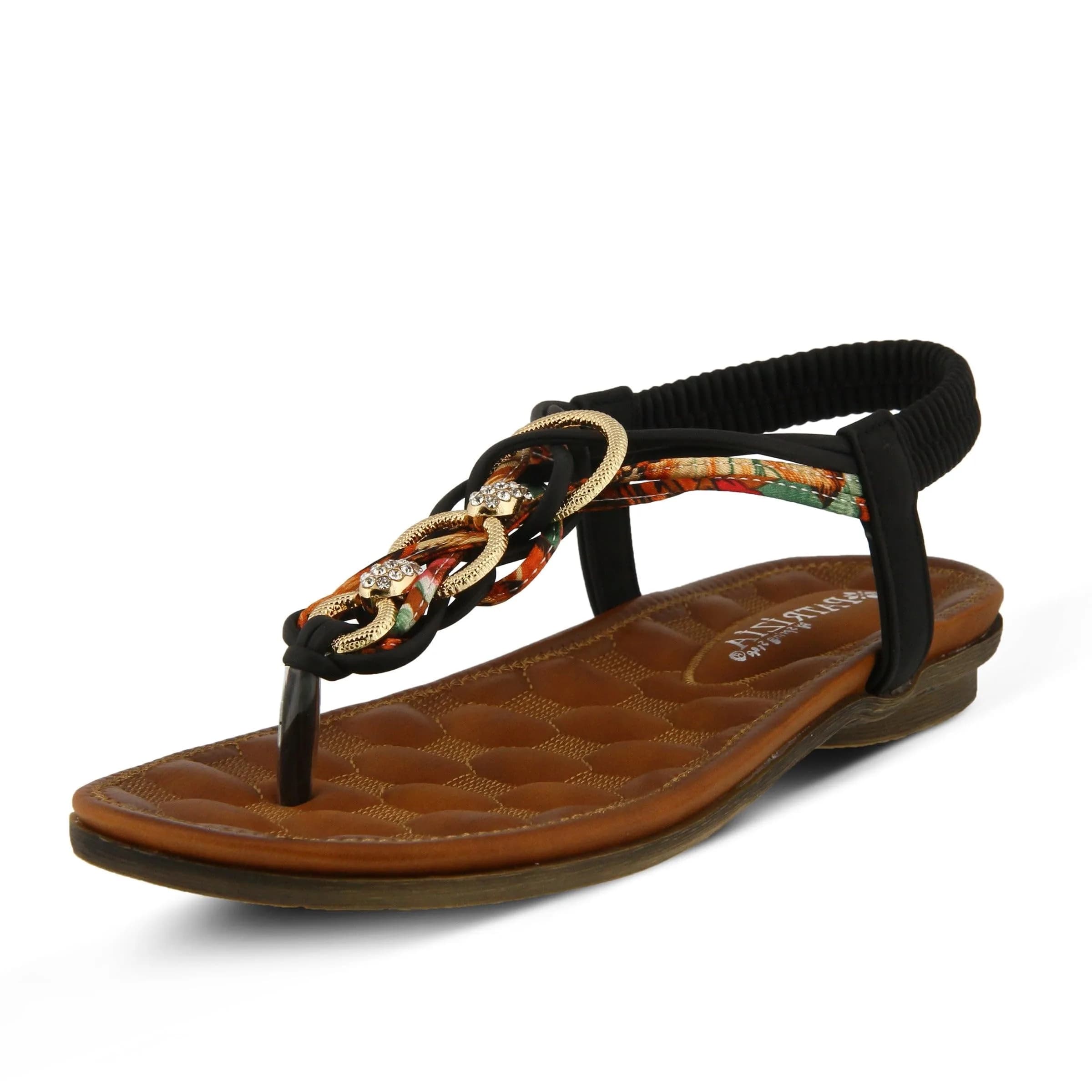 PATRIZIA Gadelina Embellished T-strap Sandal | Rhinestone & Elastic Heel | US 7.5-8 — Black Multi