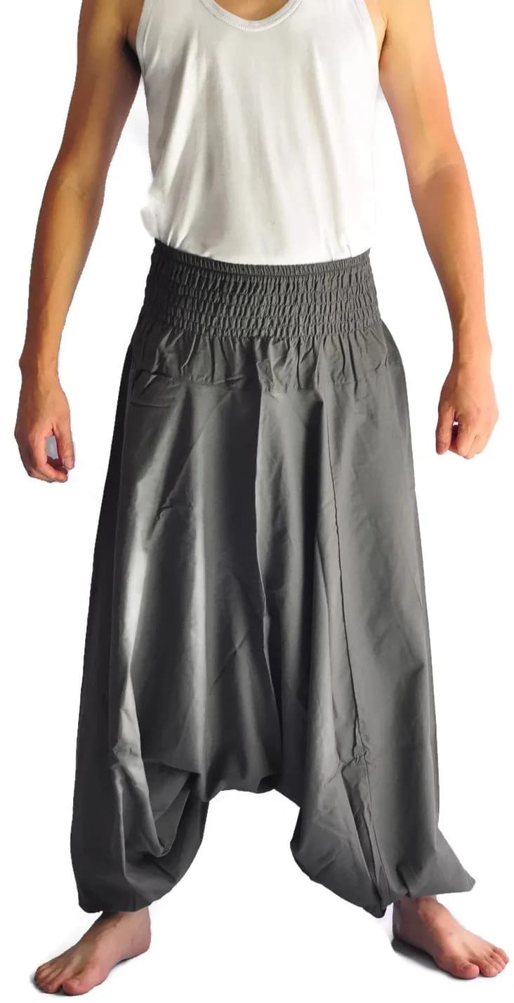 Siam Trendy Red Pant | Unisex Baggy Yoga Hippie Boho Aladdin Pants (One Size, Cotton) — Grey