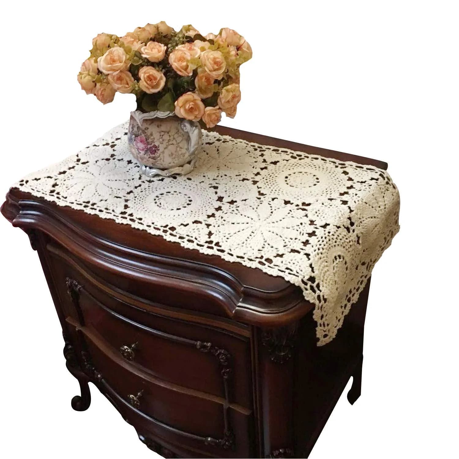 USTIDE 2pc Rustic Floral Table Runner Hand Crochet 15" x 31" | Elegant Cotton Doilies — Beige