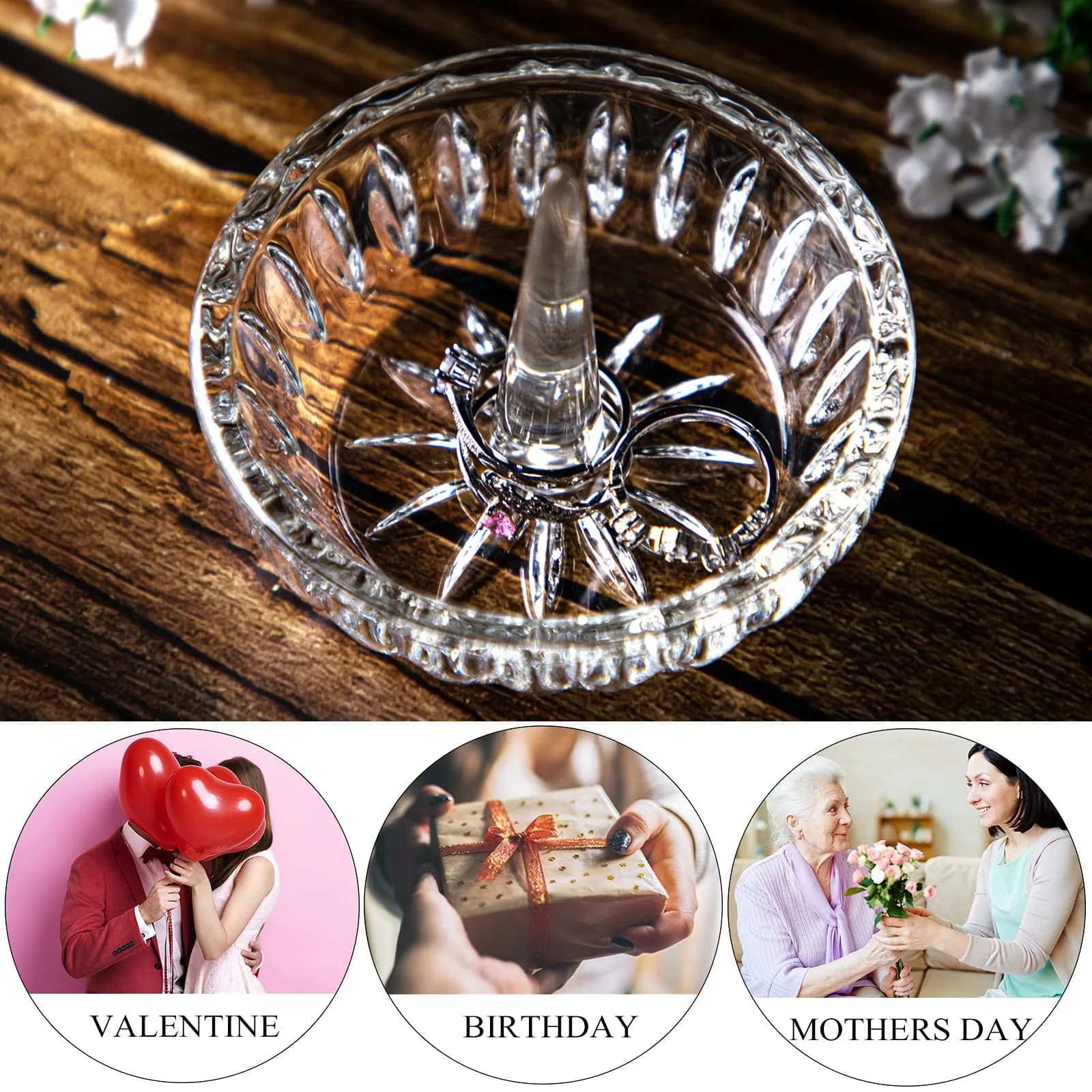H&D HYALINE & DORA Crystal Ring Holder Dish 8 cm (3.1") | Elegant Clear Round Jewelry Organizer for Vanity - view 5