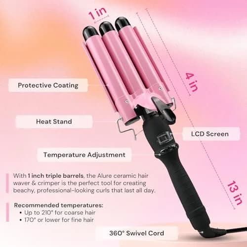 Alure Three Barrel Curling Iron Wand Hair Waver 1 Inch Ceramic Tourmaline Dual Voltage thumbnail 5