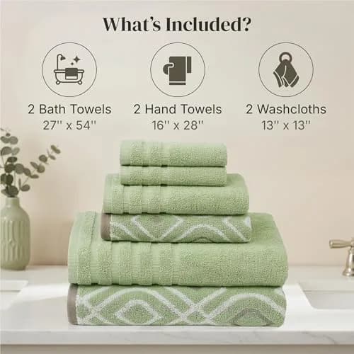 Modern Threads 6 Piece Cotton Bath Towel Set – Reversible Diamond Pattern, 550 GSM, Sage Green thumbnail 3