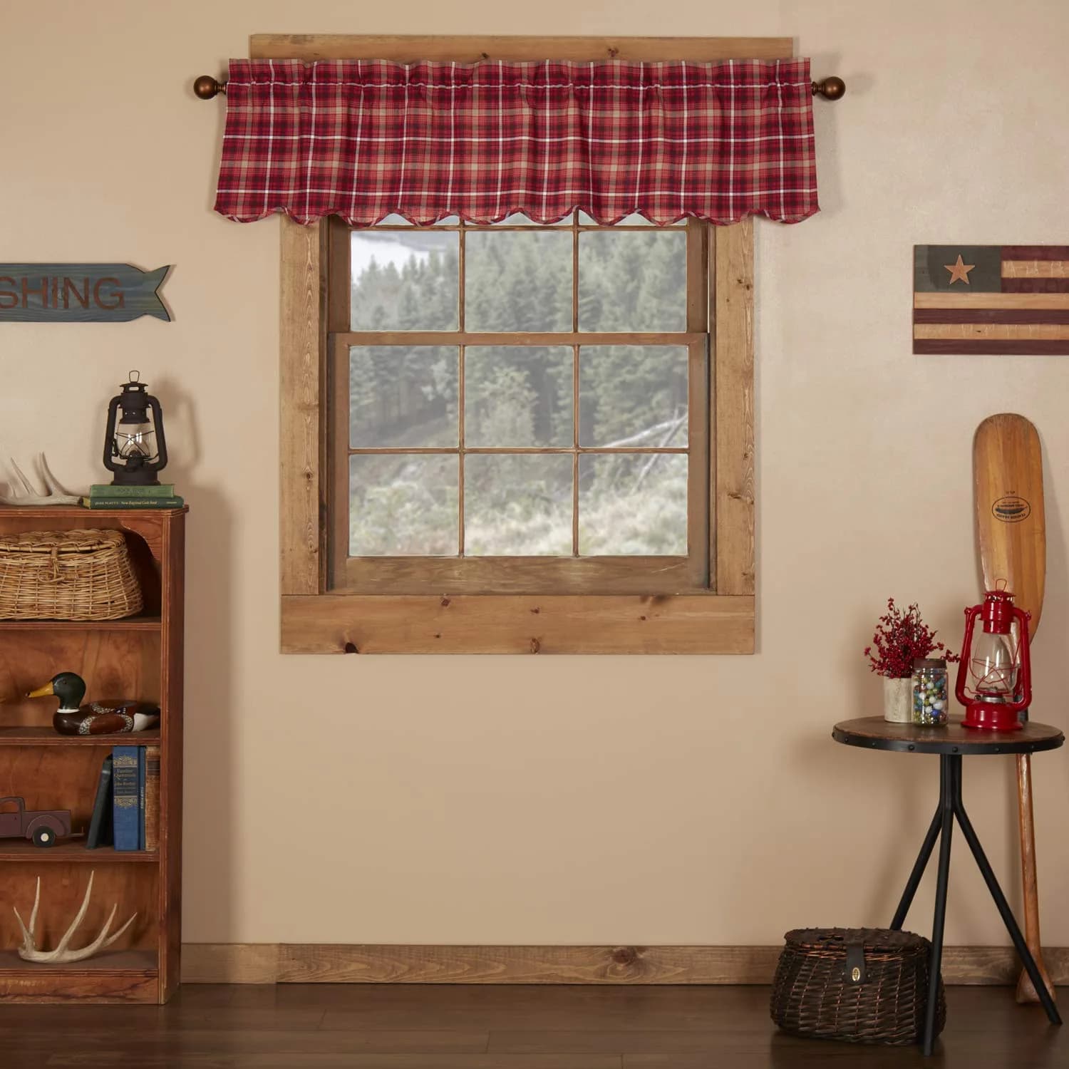 VHC Brands Rustic Red Plaid Braxton Scalloped Curtain for Kitchen & Dining Room Valance 16x60 | Americana Rustic Style — 60"W x 16"L