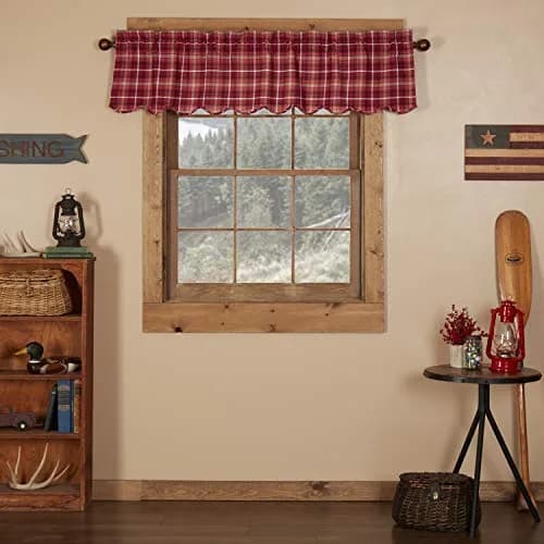 VHC Brands Rustic Red Plaid Braxton Scalloped Curtain for Kitchen & Dining Room Valance 16x60 | Americana Rustic Style thumbnail 1