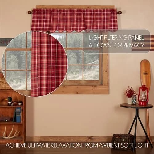 VHC Brands Rustic Red Plaid Braxton Scalloped Curtain for Kitchen & Dining Room Valance 16x60 | Americana Rustic Style thumbnail 3