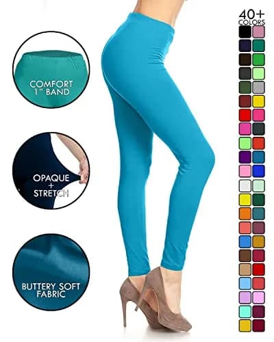 Leggings Depot Womens 1" Waistband High Waisted Solid Leggings Pants (Full Length, Turquoise, One Size Plus) | Soft, Stretchy, Comfortable thumbnail 3