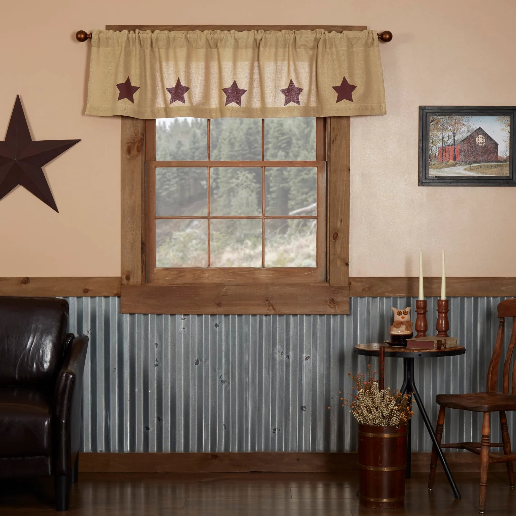 VHC Brands Burlap Natural with Burgundy Stars Primitive 16"x72" Valance Tan Cotton Window Curtains — Natural W/ Burgundy Stars / 72"W x 16"L
