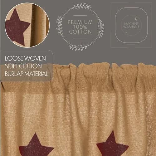 VHC Brands Burlap Natural with Burgundy Stars Primitive 16"x72" Valance Tan Cotton Window Curtains thumbnail 5