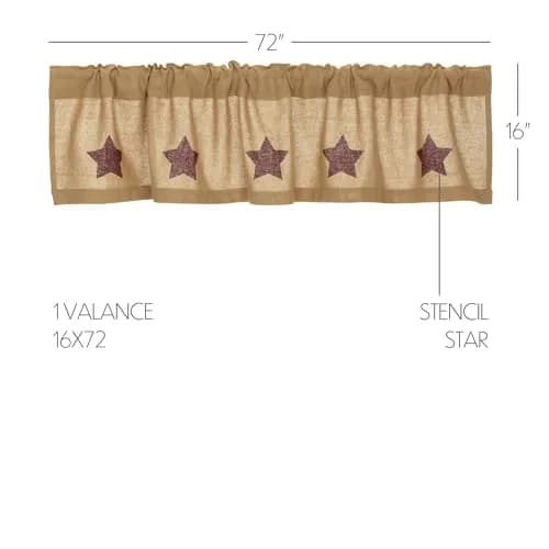 VHC Brands Burlap Natural with Burgundy Stars Primitive 16"x72" Valance Tan Cotton Window Curtains thumbnail 2