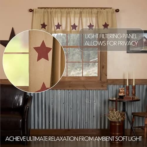VHC Brands Burlap Natural with Burgundy Stars Primitive 16"x72" Valance Tan Cotton Window Curtains thumbnail 3