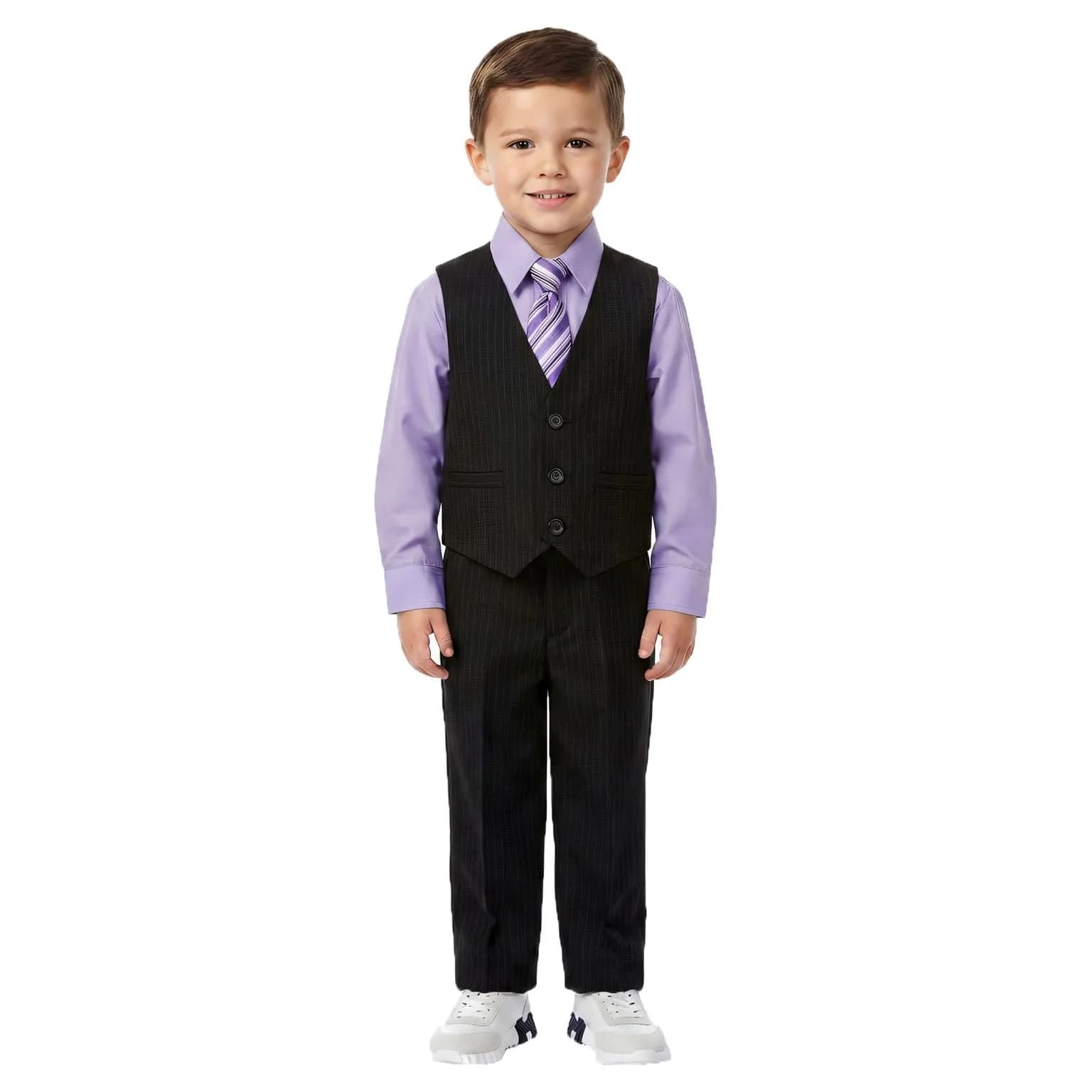 Johnnie Lene JL40 Pinstripe Boys Formal Dresswear Vest Set (14, Black/Lilac) | Complete 5-Piece Suit for Special Occasions