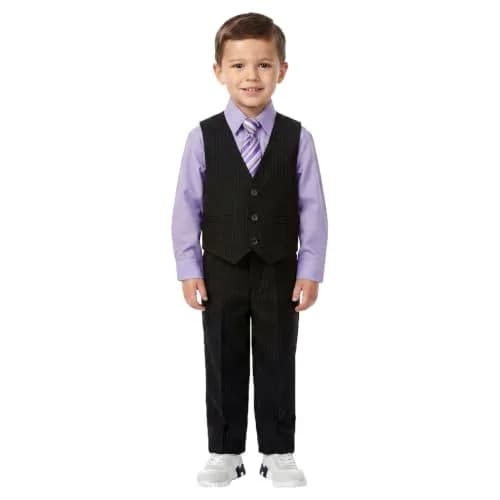 Johnnie Lene JL40 Pinstripe Boys Formal Dresswear Vest Set (14, Black/Lilac) | Complete 5-Piece Suit for Special Occasions thumbnail 1