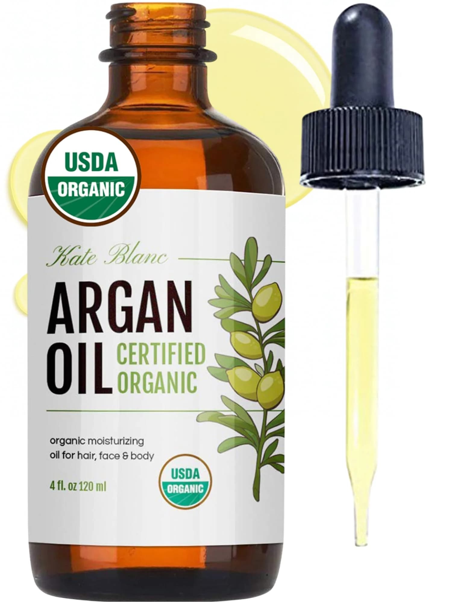 Kate Blanc Cosmetics USDA Certified Organic Argan Oil for Hair, Face & Skin 120ml (4 Fl Oz) | Pure Cold-Pressed Moroccan Oil for Growth & Shine - main product image