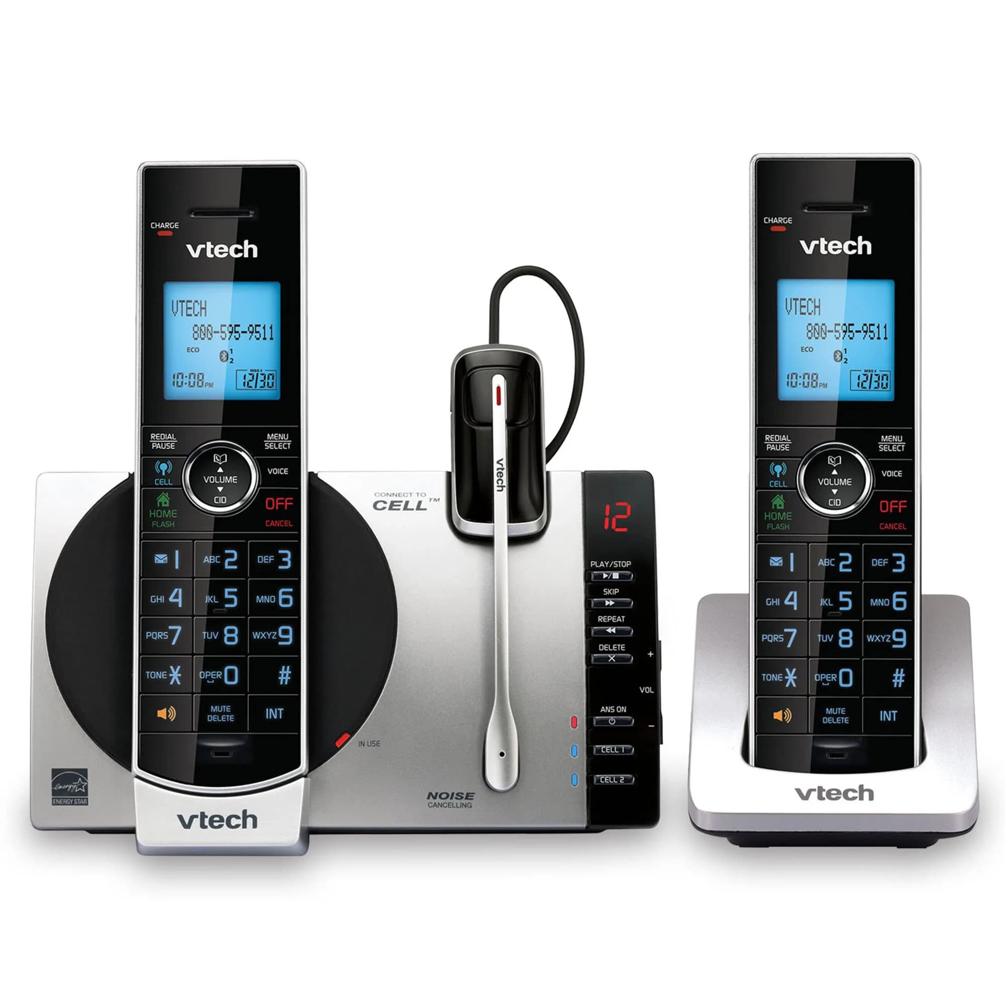 VTech DS6771-3 Connect to Cell Cordless Phone System with Answering Machine & Bluetooth Headset | 2 Handsets + 1 Headset — 2 Handset + Headset