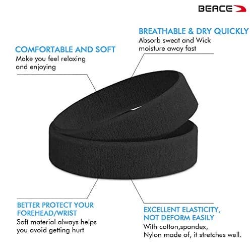 BEACE Sweatbands Sports Headband for Men & Women | Moisture Wicking Cotton Terry Cloth Headband (6PCS) thumbnail 2