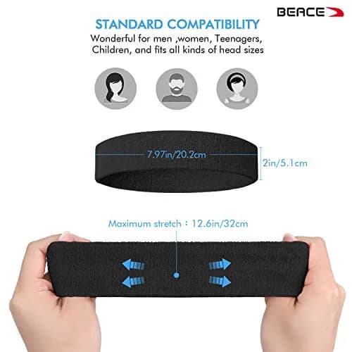BEACE Sweatbands Sports Headband for Men & Women | Moisture Wicking Cotton Terry Cloth Headband (6PCS) thumbnail 3