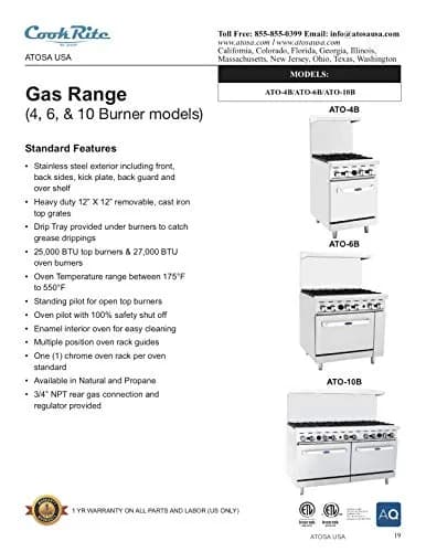 Atosa AGR Commercial Gas Range, 36" Gas Range, (6) Burners, Standard Oven, Natural Gas thumbnail 2