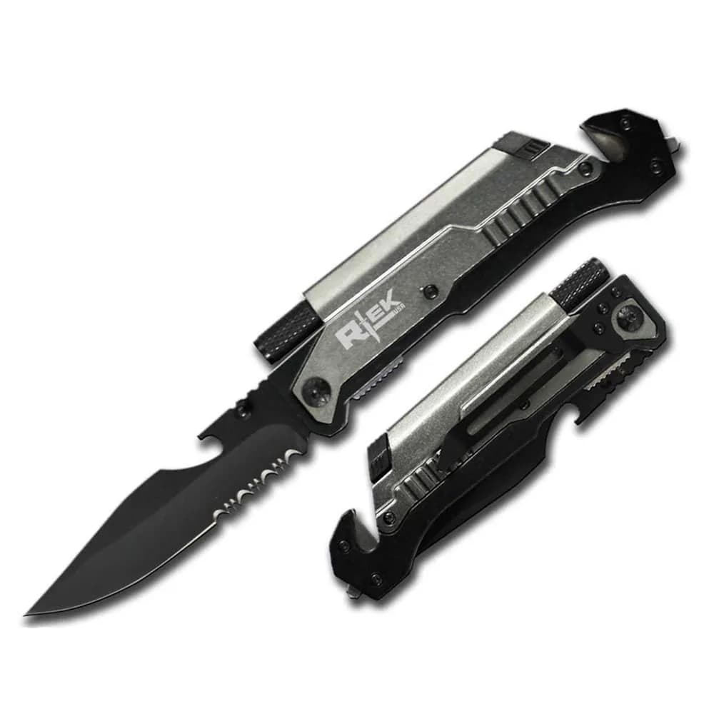 Rtek 9" Tactical Spring Assisted Silver Survival Pocket Knife with LED Light & Fire Starter (Grey)