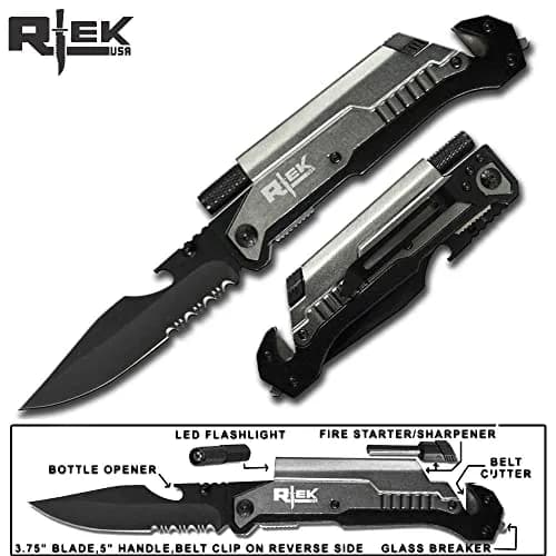 Rtek 9" Tactical Spring Assisted Silver Survival Pocket Knife with LED Light & Fire Starter (Grey) thumbnail 2