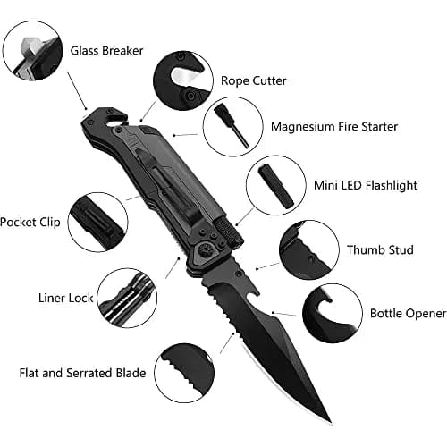 Rtek 9" Tactical Spring Assisted Silver Survival Pocket Knife with LED Light & Fire Starter (Grey) thumbnail 3