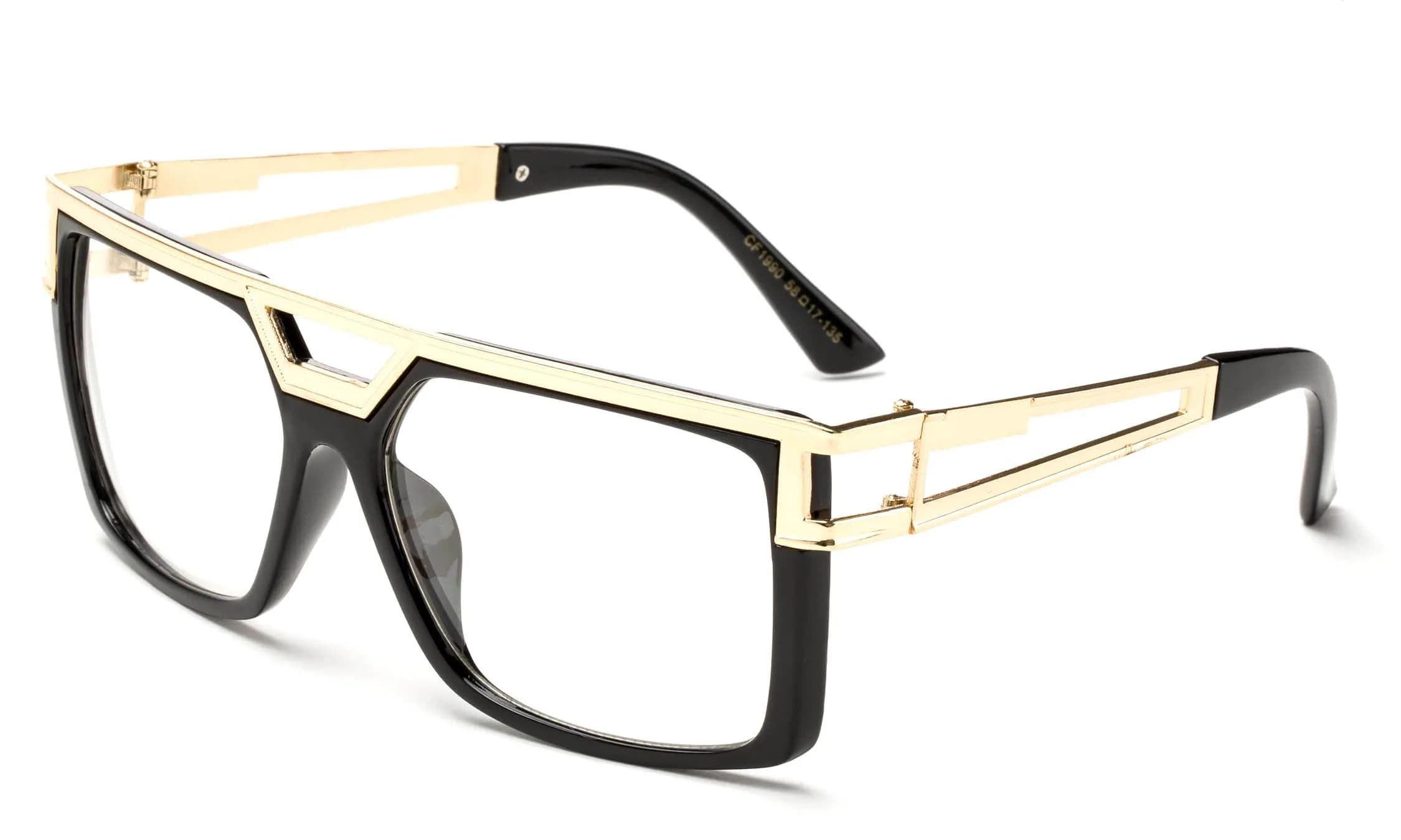 Newbee Fashion Clear Sunglasses Retro Design 57mm Lens | Unisex Thick Frame Eyewear — 1990 Black/Gold