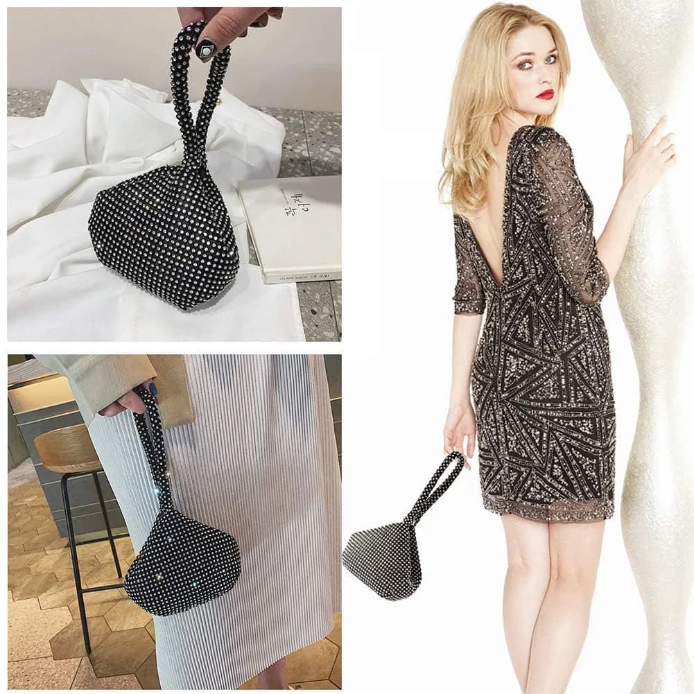 JIAN YA NA Rhinestone Trihedral Clutch Evening Bag 11.3cm (4.7") x 15.5cm (5.9") | Black Bling Zipper Wedding Purse - view 6